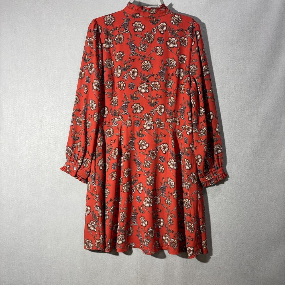 LOFT Womens 14P Rust Floral Ruffle Neck Long Sleeve Button Front Dress Petite EX